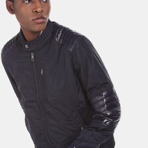 Men Navy Stand Collar Café Racer Jacket