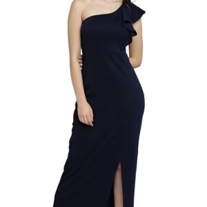 Miss Chase Women's Navy Blue Solid One Shoulder Sleeveless Ruffled Slit Maxi Dress