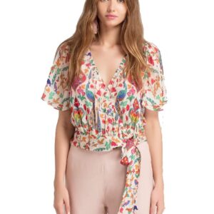 Shaye Women's Satin Wrap Top with Floral Print | Regular Fit | V Neck | Short Flared Sleeves | for Every Occasion | Cream