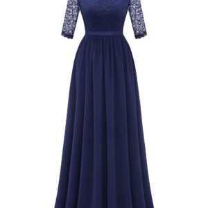 DRESSTELLS Women's Formal Lace Evening Gown Deep V Back Elegant Long Bridesmaid Dresses 3/4 Sleeves & Stretchy, Navy, Medium