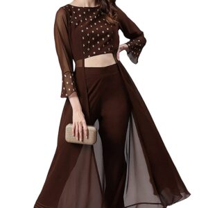 Janasya Women's Brown Georgette Ethnic Motifs Top with Pant