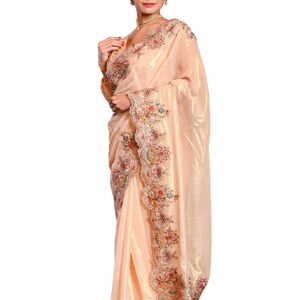 BEATITUDE saree for women with unstitched blouse piece peach premium tissue with embroidery saree