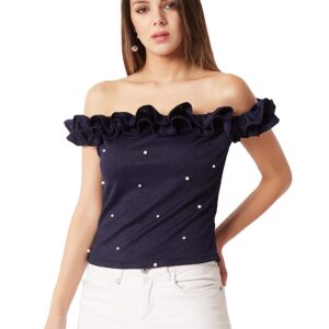Miss Chase Women's Navy Blue Off-Shoulder Pearl Ruffled Top