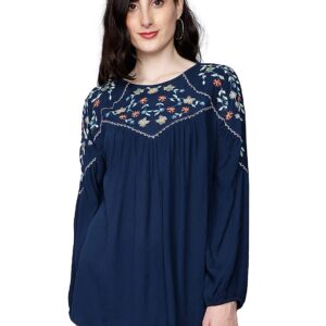 GLORYBOYZ Women's Yoke Embroidered Serene Bohemian Style Elastic Cuff Soft Viscose Blouse Top