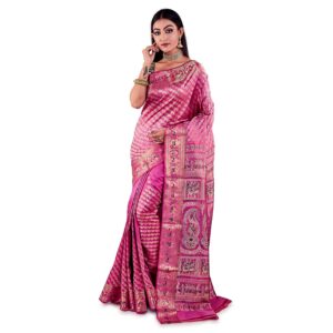 Sareesofbengal Women's Allover Meenakari Baluchari Swarnachari Silk Katan Silk Saree Pink