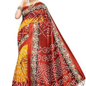 HONEY BABY Women's Printed Bandhani Chiffon Saree, Yellow Red